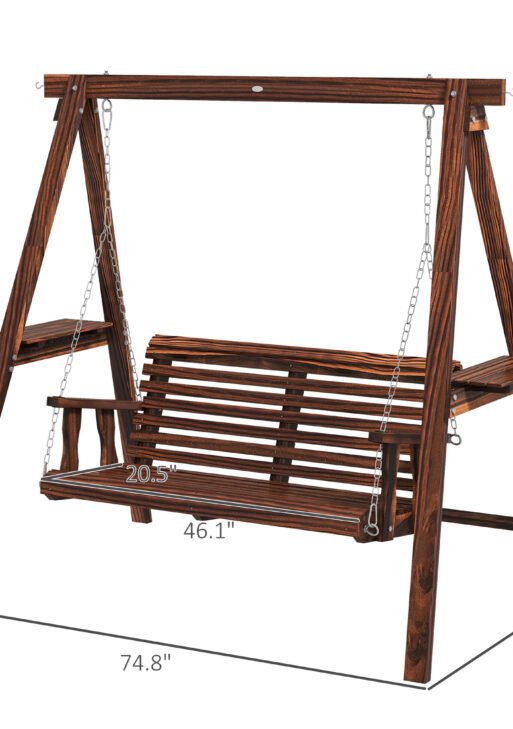 2-Seat Outdoor Swing Chair with Stand and Side Tables for Garden, Poolside, Backyard, Carbonized