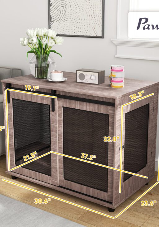 39" Dog Crate Furniture, Dog Kennel Furniture End Table with Sliding Barn Door for Large Dogs, Walnut Brown