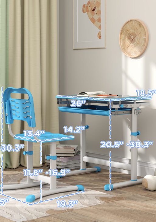 Height Adjustable Kids Desk and Chairs Set with Tilt Desktop, Storage Drawer, Pen Slot, Hook, Blue