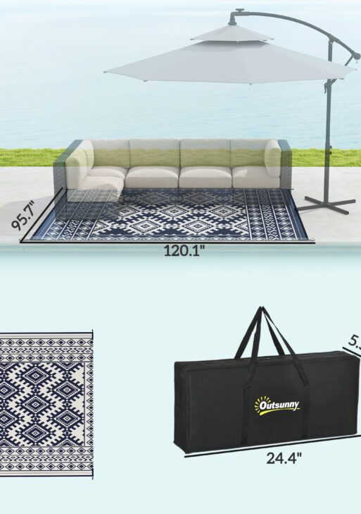 Reversible Outdoor Rug, Waterproof Plastic Straw with Carry Bag, 8' x 10', Blue & White Rhombus Border