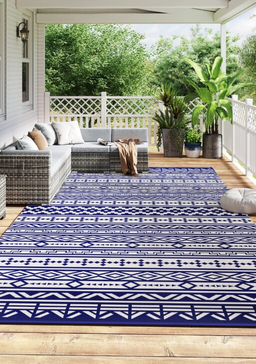 Reversible Outdoor Rug, Waterproof Plastic Straw with Carry Bag, 9' x 18', Blue & White Geometric Wall