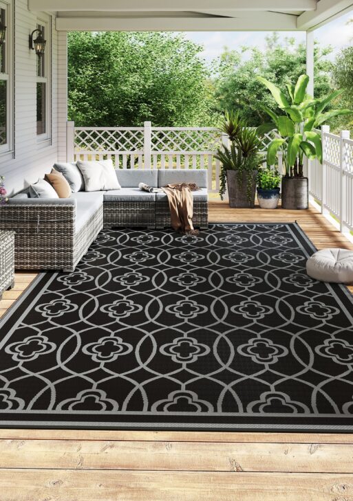 Reversible Outdoor Rug, Waterproof Plastic Straw with Carry Bag, 9' x 18', Black & Gray Lantern