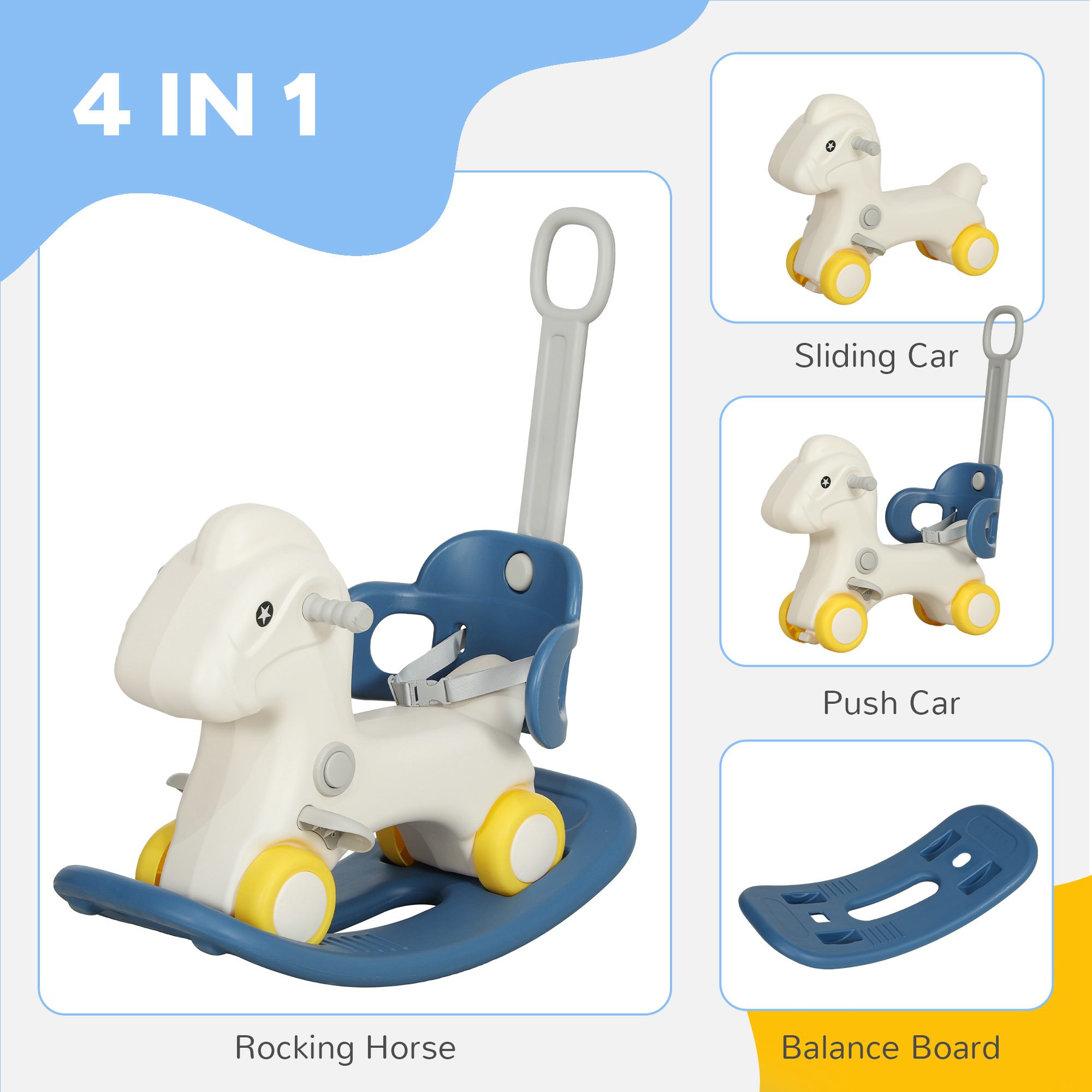 4 in 1 Rocking Horse for Toddles 1-3 Years with Detachable Push Handle & Balance Board, Blue - Image 2