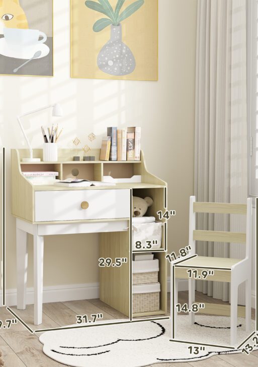 Kids Desk and Chair Set with Storage Shelves, Drawer for 3-10 Years, White