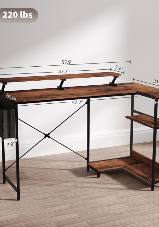 58" Reversible L Shaped Computer Desk, Corner Desk with Monitor Stand, Power Outlets and LED Lights, Rustic Brown