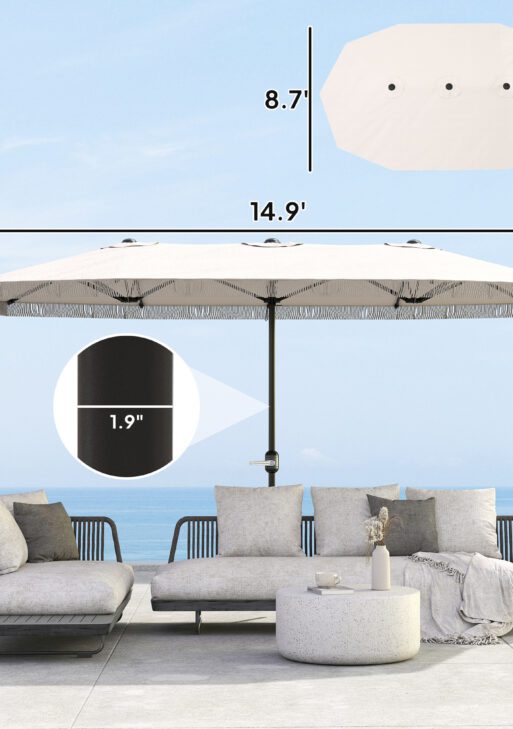 15ft Rectangle Patio Umbrella UPF30+ Extra Large Outdoor Umbrella with Fringe and Crank Handle, Cream White