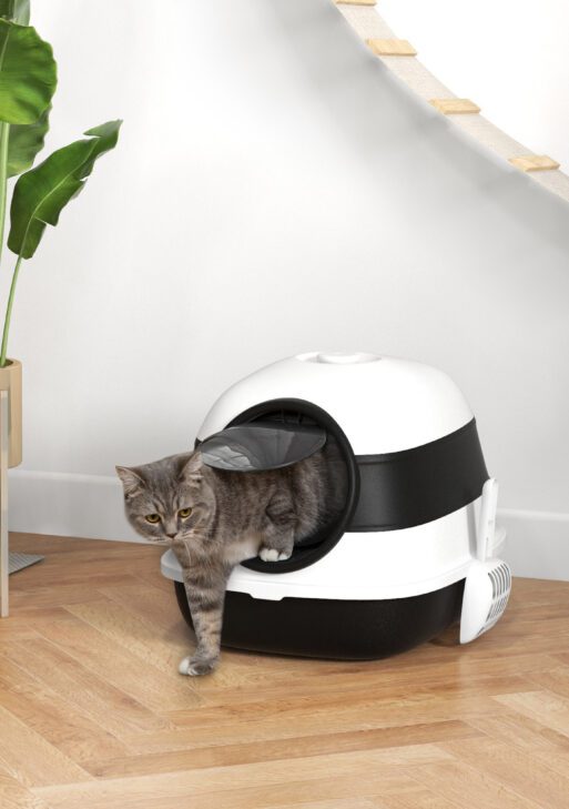 Dome Covered Cat Litter Box with Lid, White and Black