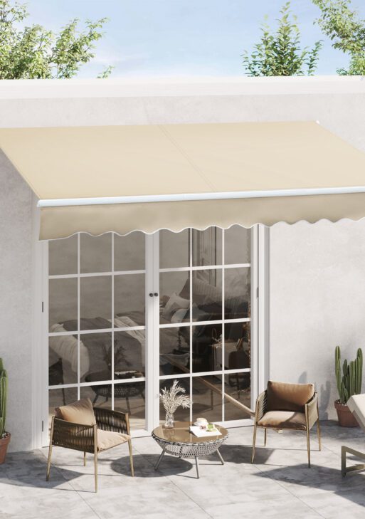 12' x 8' Patio Awning, Canopy Retractable Sun Shade Shelter w/ Manual Crank Handle for Deck, Yard, Cream White
