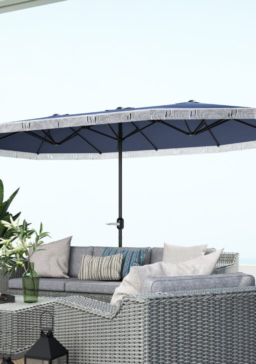 15ft Rectangle Patio Umbrella UPF30+ Extra Large Outdoor Umbrella with Fringe and Crank Handle, Dark Blue