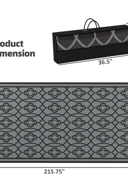 Reversible Outdoor Rug, Waterproof Plastic Straw with Carry Bag, 9' x 18', Black & Gray Lantern