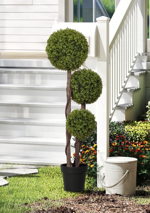 45.3" Artificial Ball Boxwood Topiary Tree Fake Plant in Pot for Indoor Outdoor Living Room Decoration Light Green