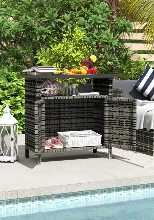 Wicker Outdoor Storage Cabinet with Two Doors and Shelf for Outdoor Pool Towel Storage, Mixed Gray