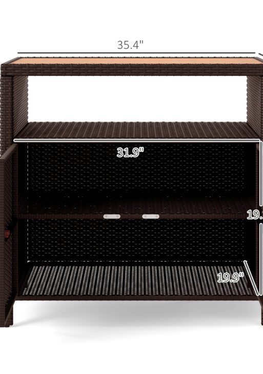Outdoor Storage Cabinet with Acacia Wood Top, Two Doors, Shelf, Wicker Bar Table for Pool Towel Storage, Brown