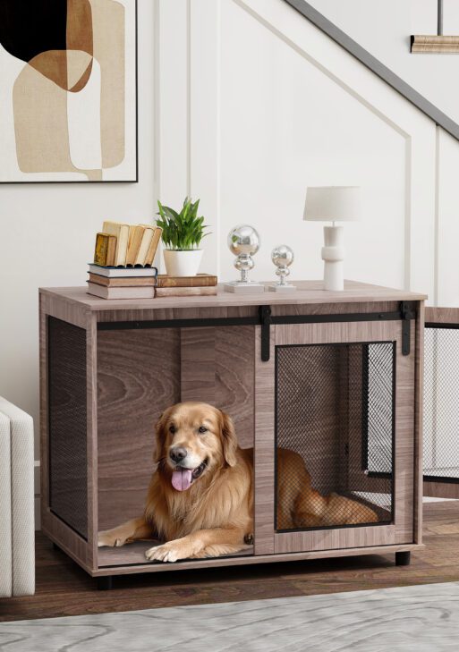 39" Dog Crate Furniture, Dog Kennel Furniture End Table with Sliding Barn Door for Large Dogs, Walnut Brown