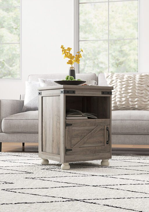 Side Table with Storage, End Table with Open Shelf, Cupboard and Wood Legs, Modern and Farmhouse Style, Gray