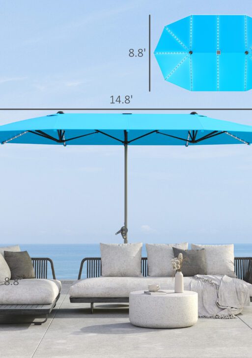 15ft Double-Sided Outdoor Umbrella with Solar Lights, UPF50+ Extra Large Aluminum Patio Umbrella with Crank, Blue