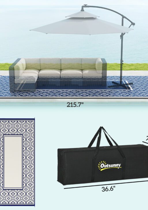 Reversible Outdoor Rug, Waterproof Plastic Straw with Carry Bag, 9' x 18', Blue & White Gourd Border