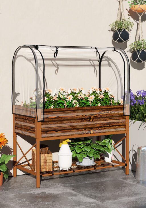 Raised Garden Bed with Legs and Cover, Metal Elevated Planter Box with Bottom Shelf and Liner for Vegetables, Brown