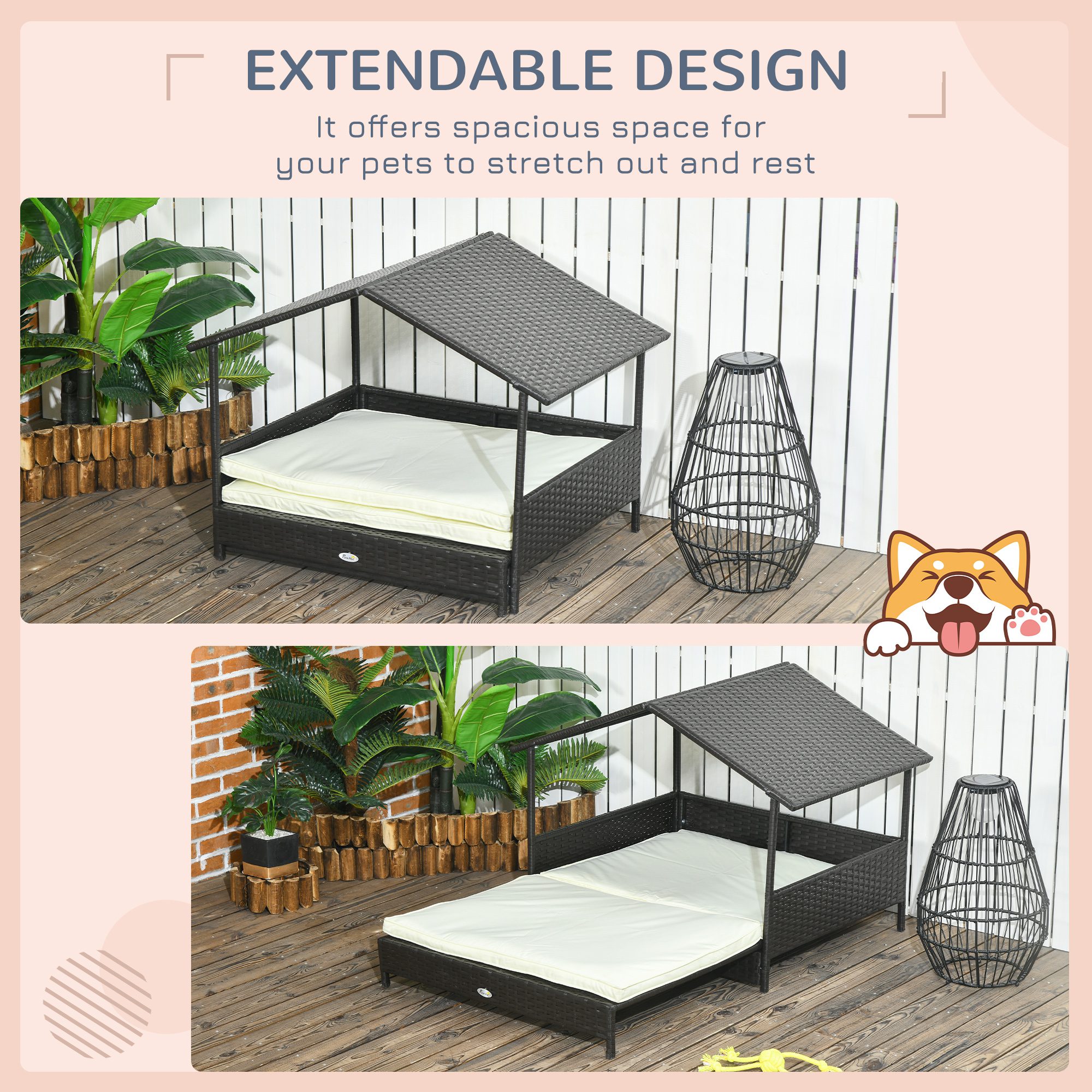 Outdoor Dog Bed Extendable Wicker Dog Bed w/ Waterproof Roof, Soft Cushion, for Small and Medium Dogs, Cream White - Image 2