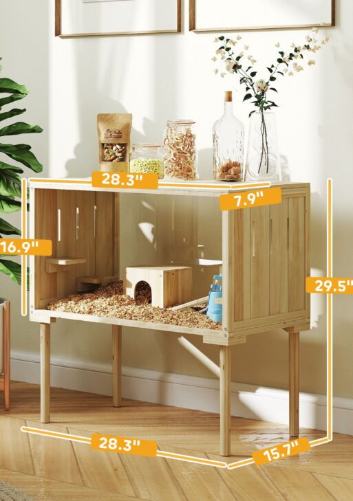 Wooden Hamster Cage with Legs, Gerbil Cage for Syrian, Dwarf, Mouse, 28" x 16" x 29.5", Nature Wood