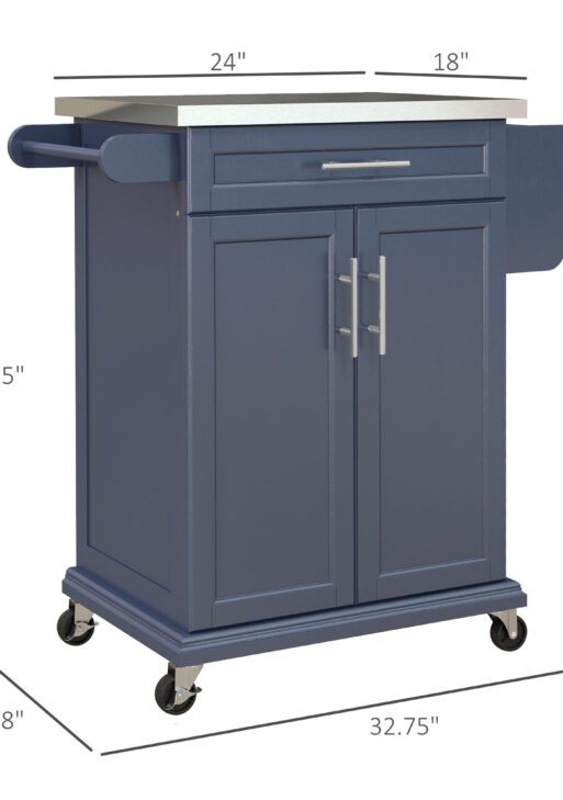 Kitchen Island with Wheels, Rolling Kitchen Island with Storage, Stainless Steel Countertop for Dining Room, Deep Blue