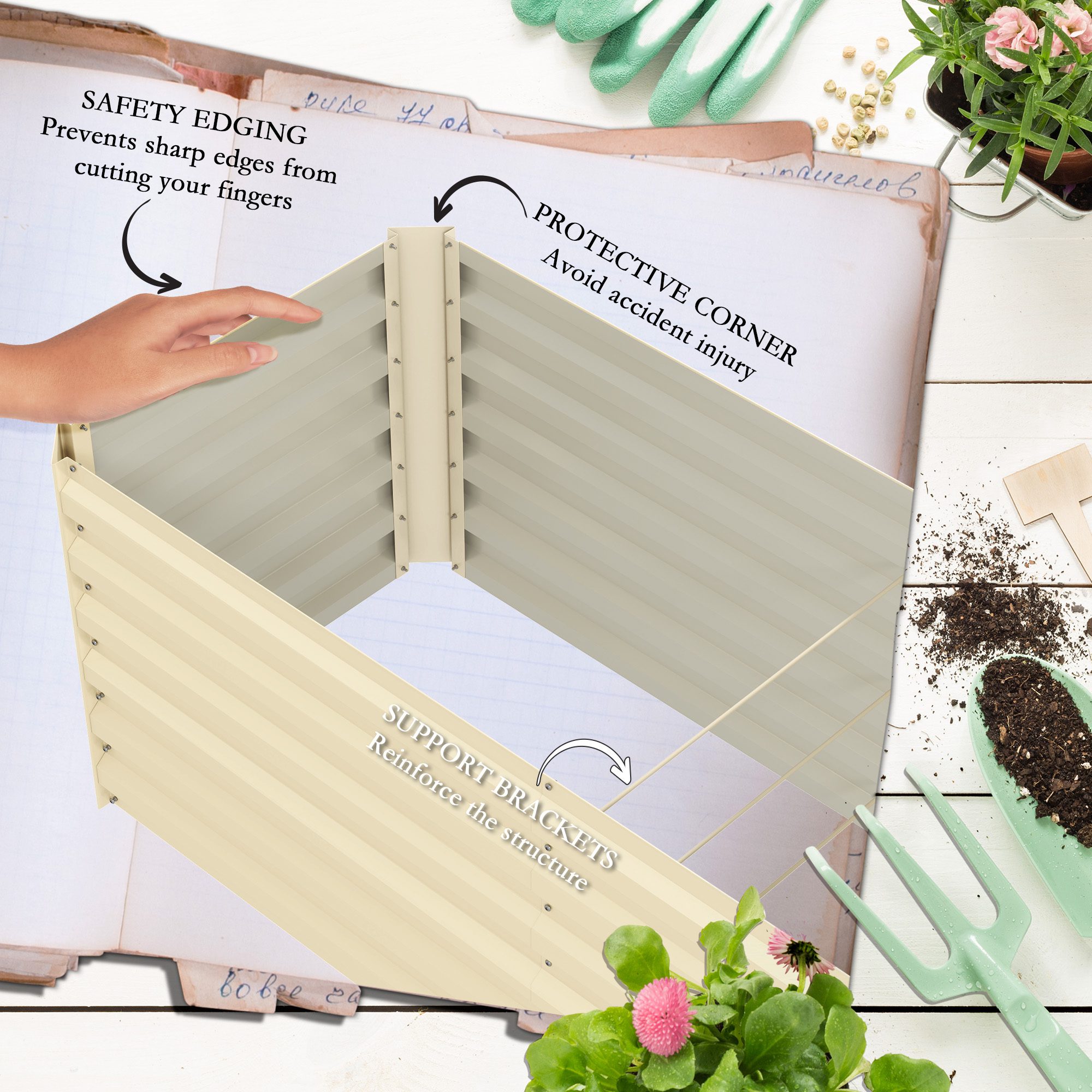 8x2x2ft Galvanized Raised Garden Bed Kit with Safety Edging for Flowers, Herbs and Vegetables, Cream White - Image 4