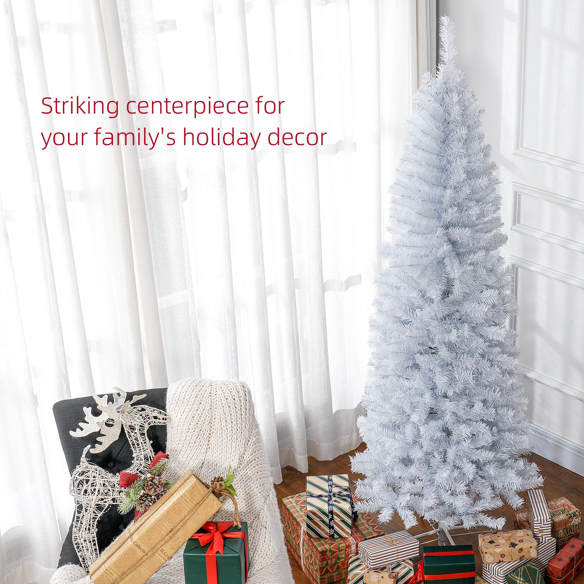 6 FT Artificial Christmas Tree Pencil Xmas Tree with Stand, 618 Tips, Holiday Home Indoor Decoration for Party, White - Image 2