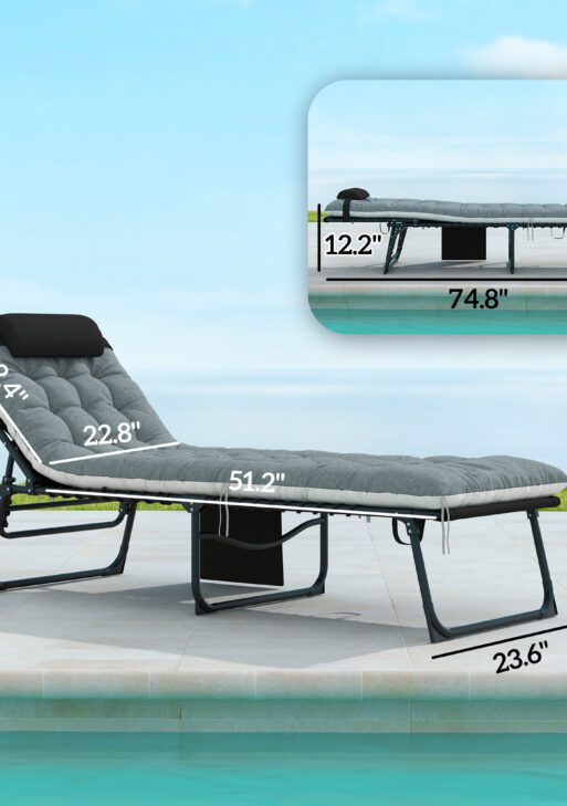 Outdoor Chaise Lounge Chair Set of 2, 5-Level Adjustable Folding Pool Lounge Chairs with Cushions, Black/Gray