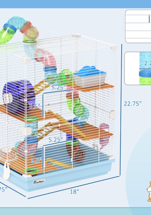 5 Tiers Hamster Cage Portable Animal Travel Carrier w/ Exercise Wheels Tube, Light Blue