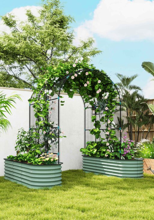 Raised Garden Beds Set with Arch Trellis, Climbing Net, Galvanized Planter Box for Climbing Vegetables Flowers Herbs