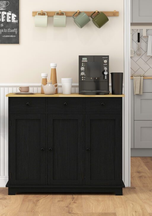 Kitchen Storage Cabinet, Sideboard Floor Cupboard with Solid Wood Top, Adjustable Shelf, and 3 Drawers, Black Wood Grain