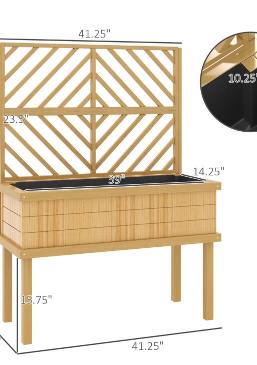 Elevated Wood Planter with Trellis for Climbing Plants, Raised Garden Bed with Legs and Drainage Holes, Natural Wood