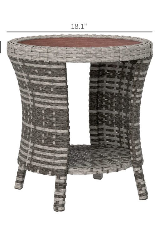 18" Wicker Outdoor Coffee Table, PE Rattan Patio Side Table with 2-Tier Storage, Composite Wood Top, Mixed Gray
