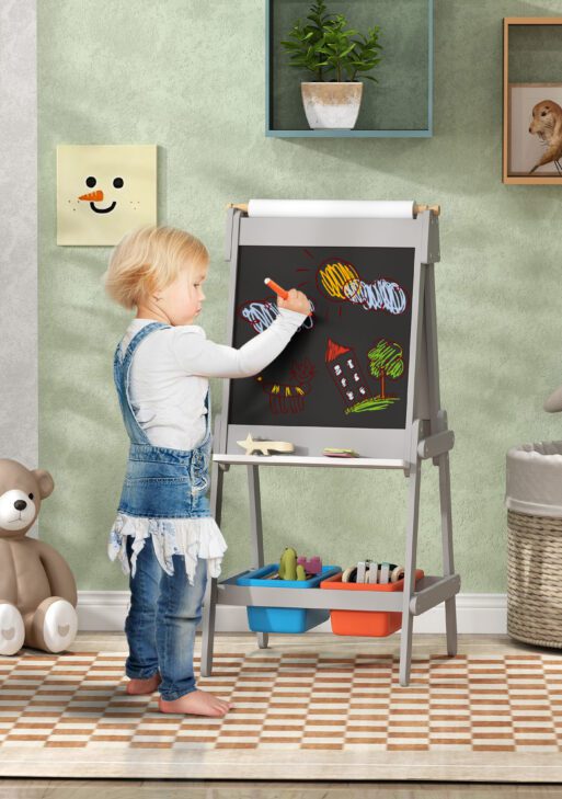 Easel for Kids, Art Easel w/ Paper Roll, Double Sided Whiteboard & Chalkboard with 2 Storage Boxes