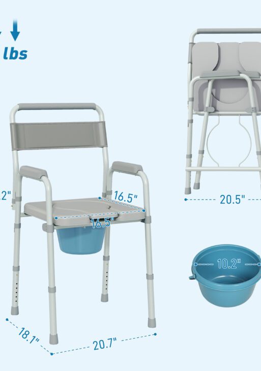 Bedside Commode Chair for Seniors, Adults, Handicap, Raised Toilet Seat with Arm, Adjustable Height, 331 lbs, Gray