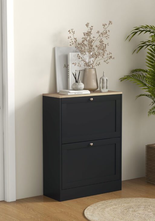 Slim Shoe Storage Cabinet, Modern Shoe Cabinet with 2 Flip Drawers and Adjustable Shelves for 8-12 Pairs, Black