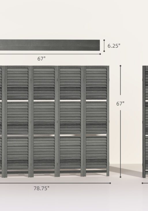 5 Panel 67" Tall Wood Privacy Screen Room Divider with 3 Shelves and Folding Storage for Bedroom, Gray