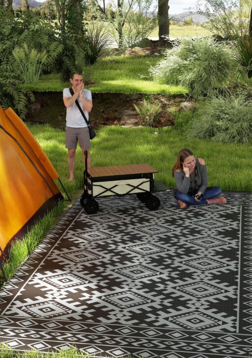 Reversible Outdoor Rug, Waterproof Plastic Straw with Carry Bag, 9' x 18', Black & Gray Rhombus Border