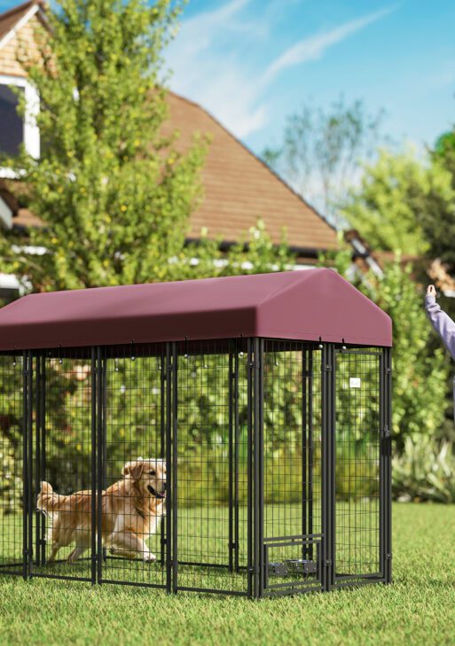 Outdoor Dog Kennel with Rotating Bowl Holders, Walk-in Pet Playpen with Waterproof Cover, 8' x 4' x 6', Red