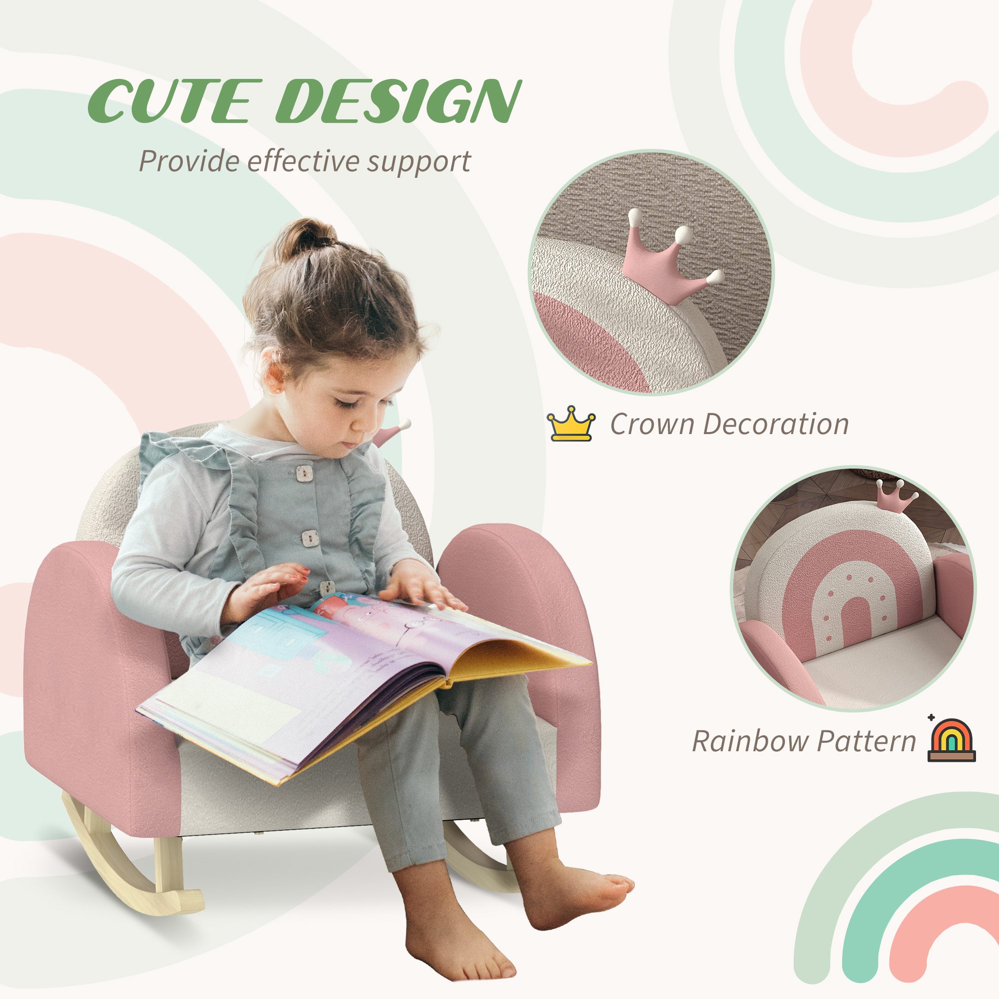 Kids Rocking Chair, Princess Crown Toddler Chair, Children's Armchair Rocker for Bedroom, Playroom, Pink - Image 3