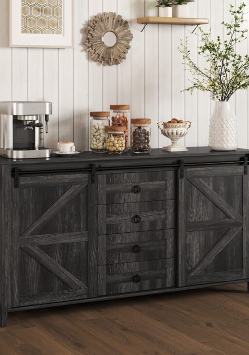 60" Buffet Cabinet, Farmhouse Sideboard with Sliding Barn Doors, Drawers and Adjustable Shelves, Distressed Dark Gray