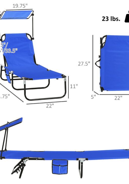 Pool Chaise Lounge Chairs Set of 2, Folding Lounge Chairs with Sunshade, Reclining Back, Steel Frame, Blue