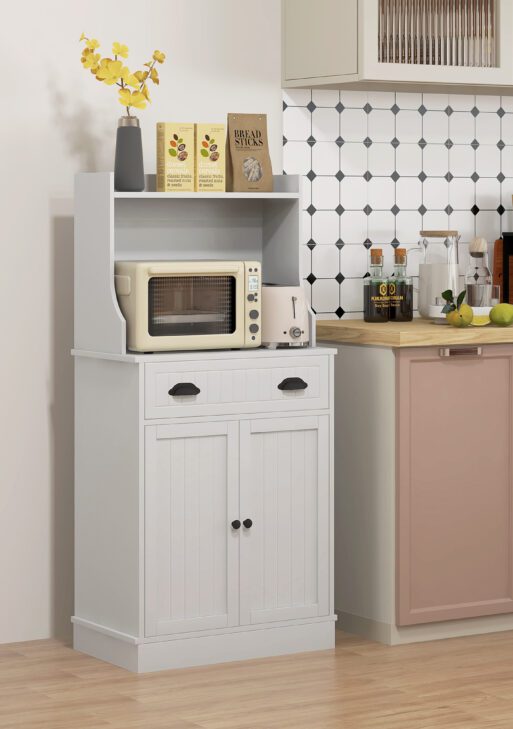 Kitchen Microwave Cabinet with Drawer, Cabinet and Adjustable Shelf, Buffet Cabinet with Hutch for Dining Room, White