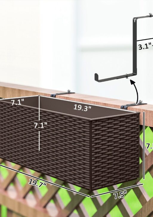 2 Pack 20 Inch Railing Flower Pots, Hanging Flower Pots with Hooks, Drainage Holes for Fence, Rattan Look, Brown
