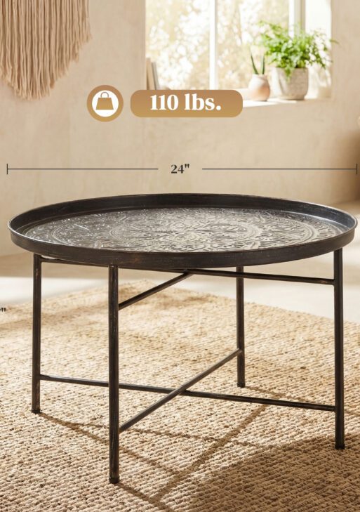 Coffee Table for Living Room, 24" Round Center Table with Hammered Tray Top and Metal Frame for Bedroom, Pewter