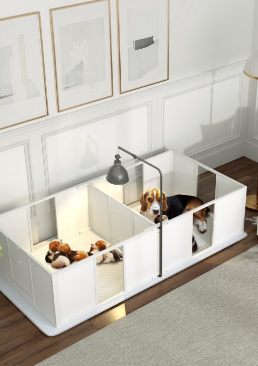 Whelping Box for Dogs w/ Retractable Light Stand, Waterproof Pee Pad & Adjustable Height Door for Medium Breed Dogs