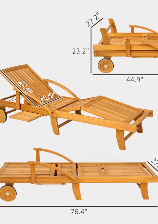 Folding Lounge Chair, 4-Level Adjustable Tanning Chair with Wheels, Acacia Wood Patio Lounger for Beach, Teak