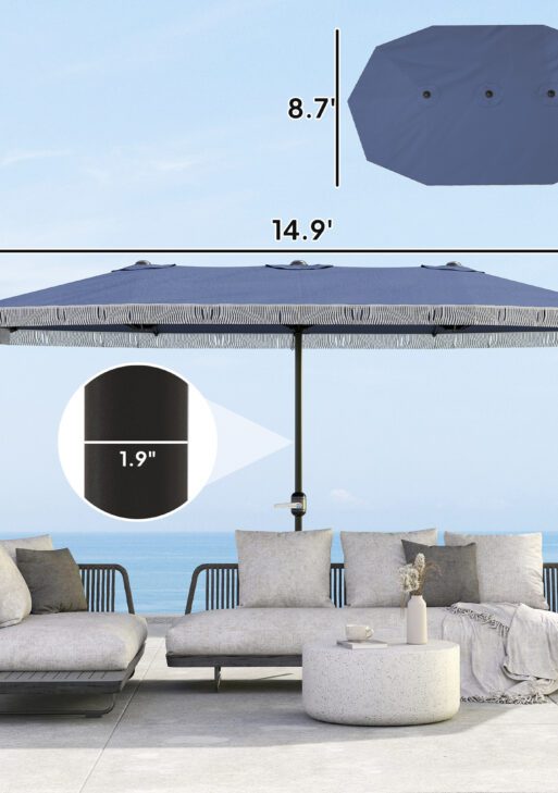 15ft Rectangle Patio Umbrella UPF30+ Extra Large Outdoor Umbrella with Fringe and Crank Handle, Dark Blue