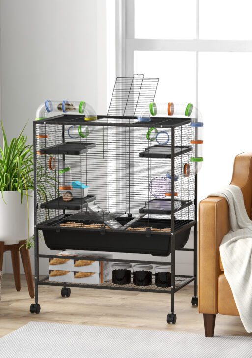 Small Animal Cage for Syrian Hamster, Gerbil Cage with Tubing System, Running Wheel, Ramps, Platforms