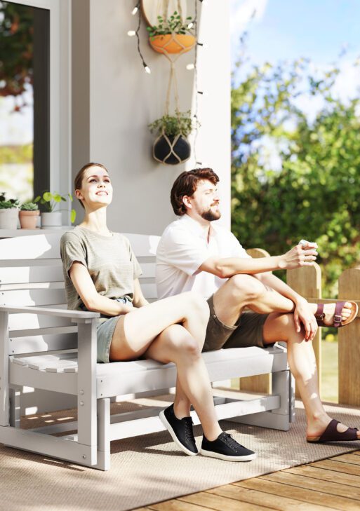 Patio Glider Bench w/ HDPE Slatted Double Rocking Chair, White